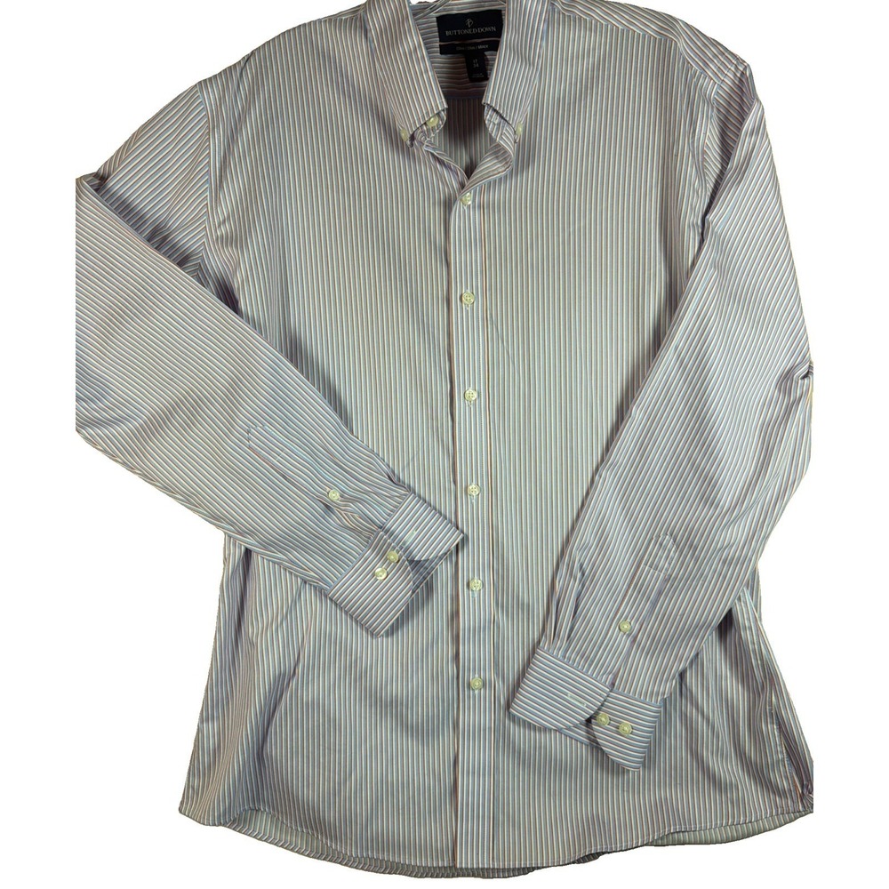Buttoned Down Mens 17 34 Slim Fit Supima Cotton Striped Dress Shirt Blue Stripes